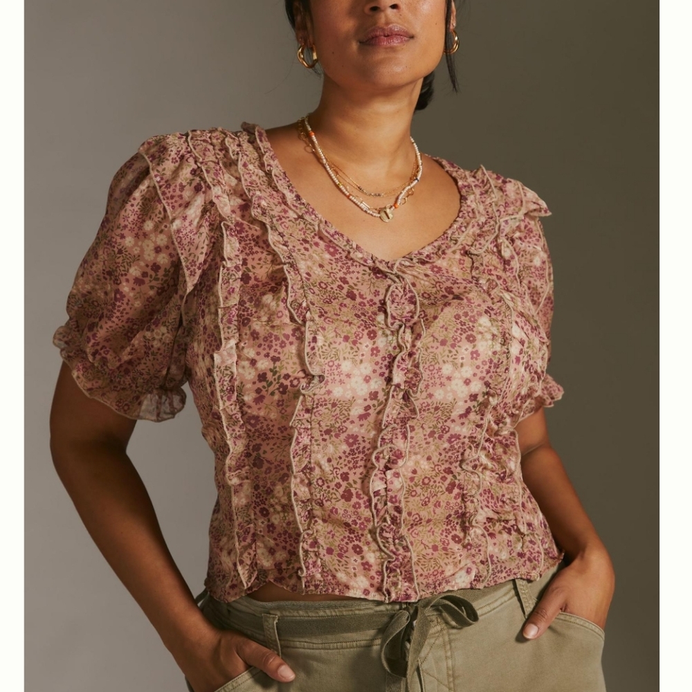Anthropologie Floral Puff-Sleeve Sheer Chiffon Blouse Top Multi Color Sz Xs